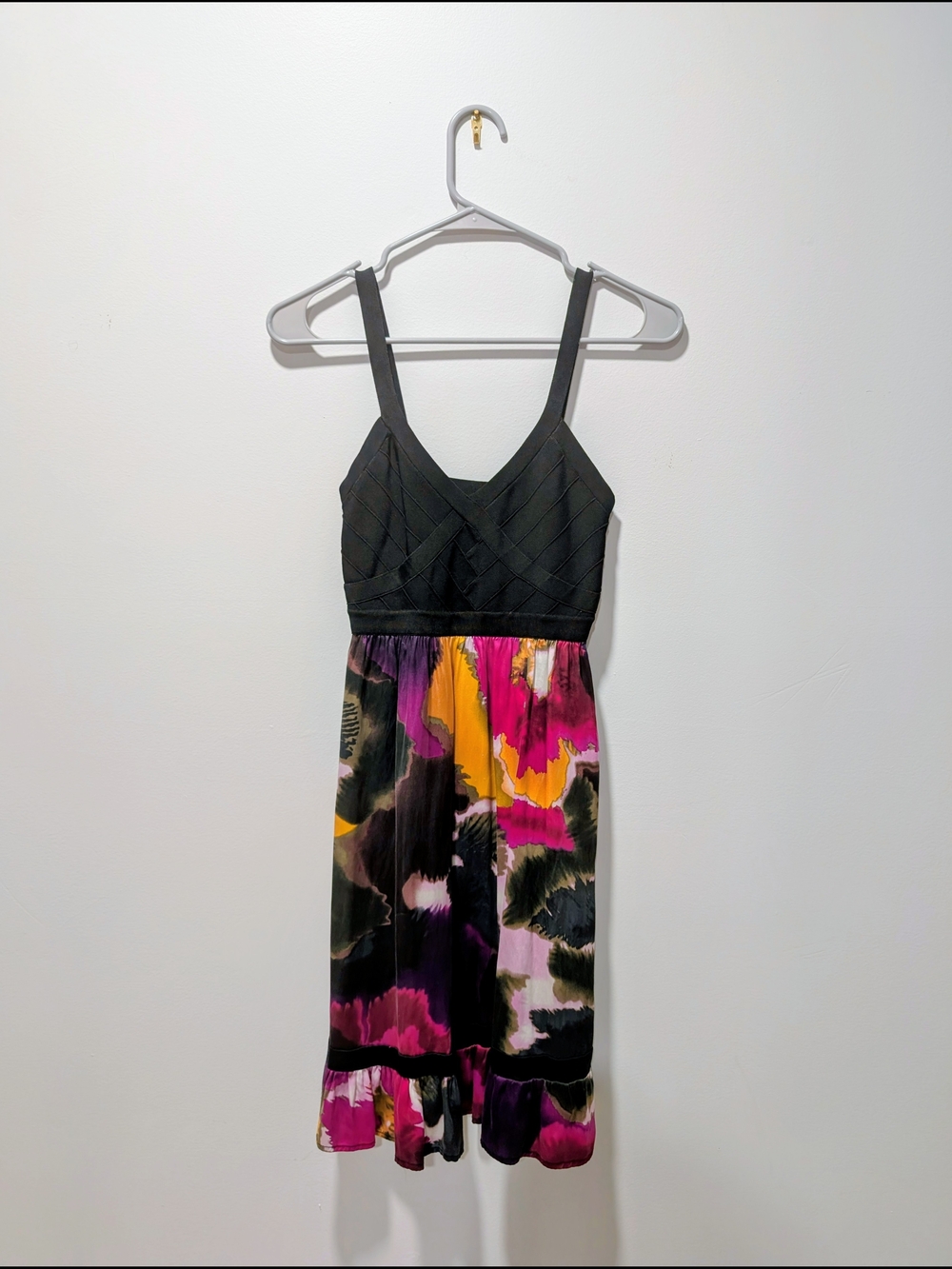 Bebe Black Bodice Multi-Color Floral Midi Dress